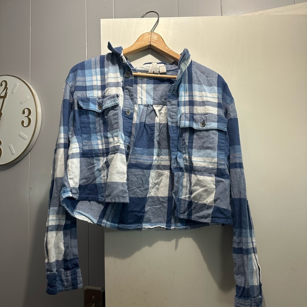 Blue and White Plaid Roxy Cropped Button Up